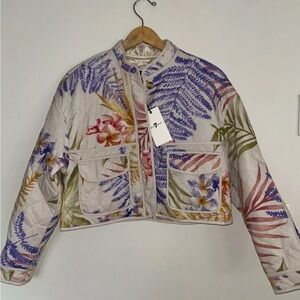 NEW! NWT 7 FOR ALL MANKIND Quilted Crop Watercolor Floral Jacket Beige Size M